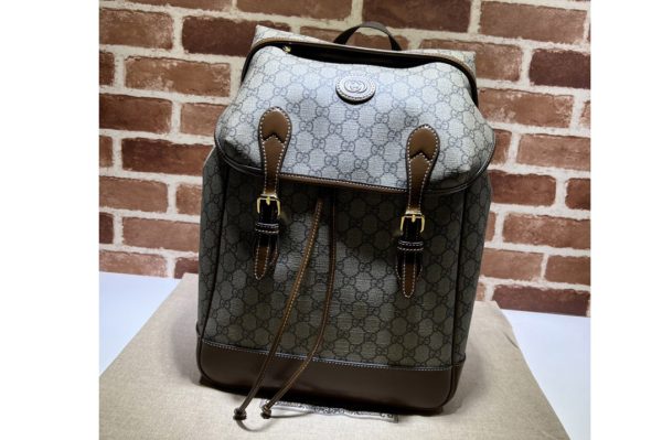 Replica Gucci 696013 Medium backpack with Interlocking G in Beige and ebony GG Supreme canvas