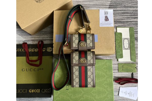 Replica Gucci 699173 Ophidia mini bag and detachable wallet in Beige and ebony GG Supreme canvas