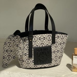 Replica Loewe Elephant basket bag in Ecru/Black Anagram jacquard and calfskin