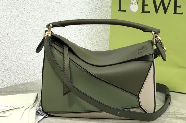 Replica Loewe Small Puzzle bag in Khaki/Green/White classic calfskin