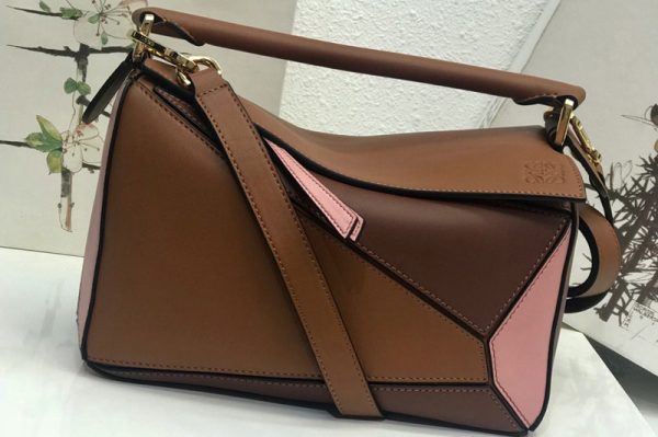 Replica Loewe Small Puzzle bag in Brown/Burgundy/Pink classic calfskin