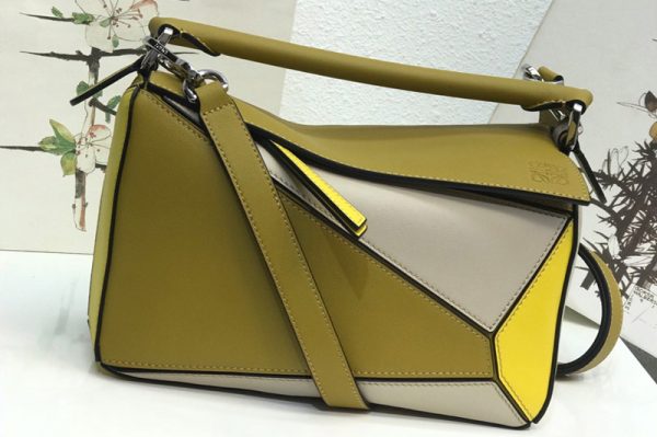 Replica Loewe Small Puzzle bag in Khaki/Grey/Yellow classic calfskin