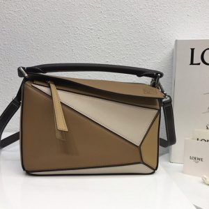 Replica Loewe Small Puzzle bag in Brown/Beige/White classic calfskin