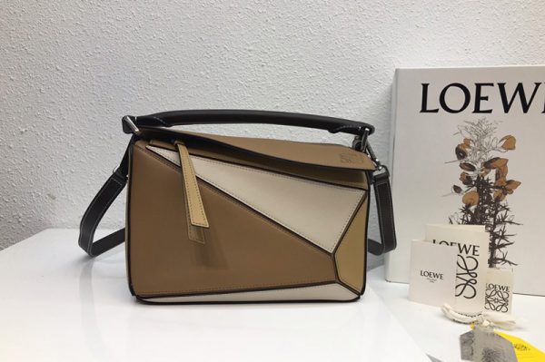 Replica Loewe Small Puzzle bag in Brown/Beige/White classic calfskin