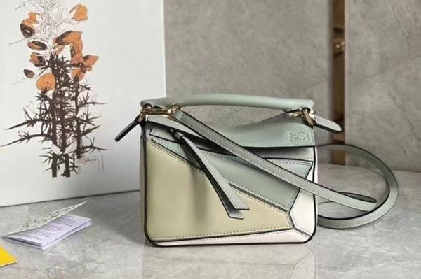 Replica Loewe Mini Puzzle bag in Ash Grey/Marble Green soft grained calfskin