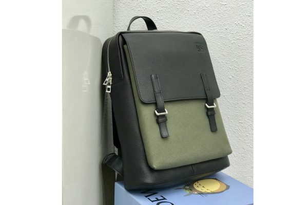 Replica Loewe 10266 Military Backpack in Black/Green soft grained calfskin