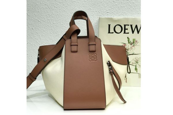 Replica Loewe Small Hammock bag in Tan/Ecru canvas and calfskin