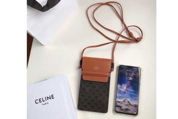 Replica Celine 10G332 Phone Pouch in Triomphe Canvas and Tan Lambskin