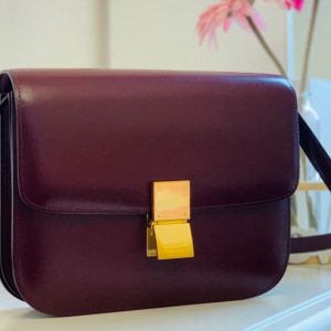 Replica Celine 189173 Medium Classic Bag in Burgundy box calfskin Leather