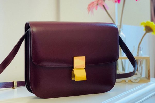 Replica Celine 189173 Medium Classic Bag in Burgundy box calfskin Leather