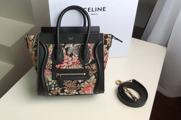 Replica Celine 189242 NANO LUGGAGE BAG IN FLORAL JACQUARD AND CALFSKIN