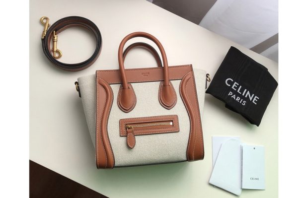 Replica Celine 189242 NANO LUGGAGE BAG IN TEXTILE AND NATURAL CALFSKIN