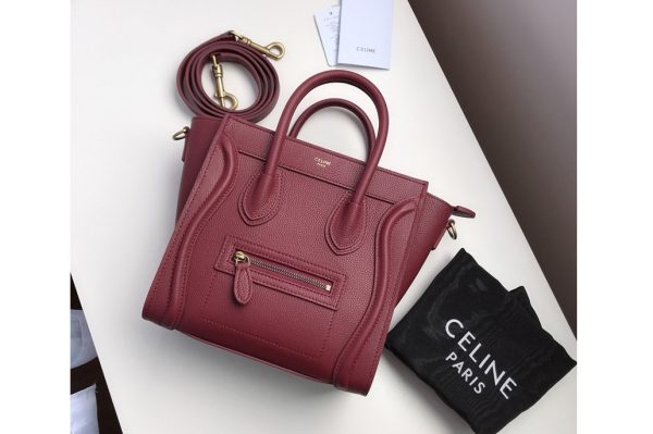 Replica Celine 189243 Nano Luggage Bag in Burgundy Drummed Calfskin Leather