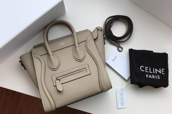 Replica Celine 189243 Nano Luggage Bag in Light Gray Drummed Calfskin Leather