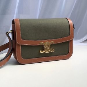 Replica Celine 191242 Medium Triomphe Bag in Green Textile and Brown Calfskin