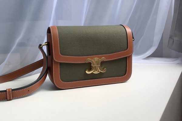 Replica Celine 191242 Medium Triomphe Bag in Green Textile and Brown Calfskin