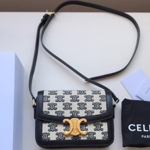 Replica Celine 191242 Medium Triomphe bag in Black Textile with triomphe embroidery and calfskin