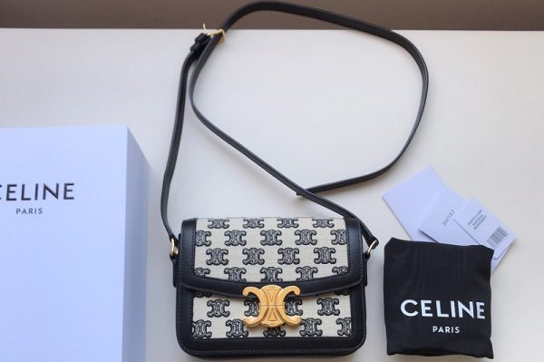 Replica Celine 191242 Medium Triomphe bag in Black Textile with triomphe embroidery and calfskin