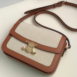 Replica Celine 191242 Medium Triomphe bag in Tan/White Textile and Natural Calfskin