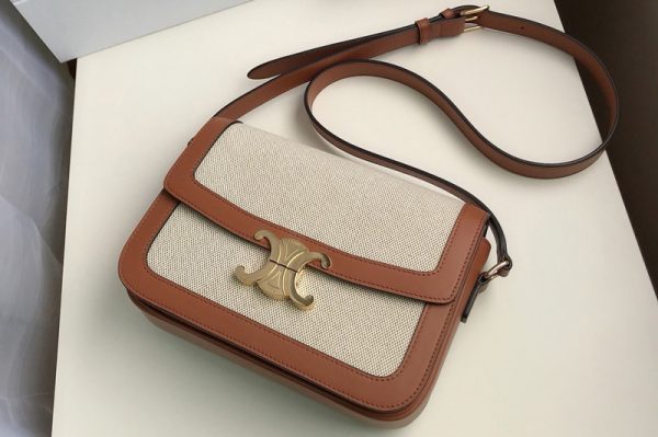 Replica Celine 191242 Medium Triomphe bag in Tan/White Textile and Natural Calfskin