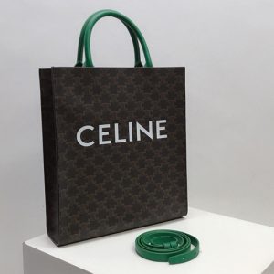 Replica Celine 191542 Small Vertical Cabas in Triomphe Canvas with Celine Print And Green Leather