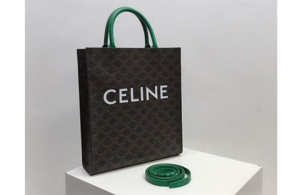 Replica Celine 191542 Small Vertical Cabas in Triomphe Canvas with Celine Print And Green Leather