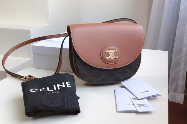 Replica Celine 194152 triomphe saddle bag in triomphe canvas with Tan CALFSKIN Leather