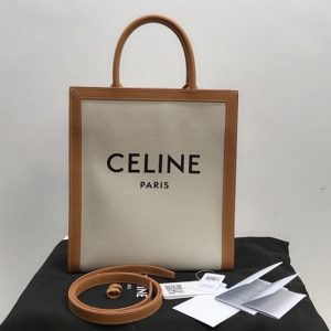 Replica Celine 192082 small cabas vertical celine Bag in canvas with celine print and Tan calfskin