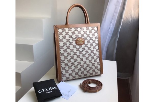 Replica Celine 194352 small cabas vertical Bag in Brown textile with triomphe embroidery