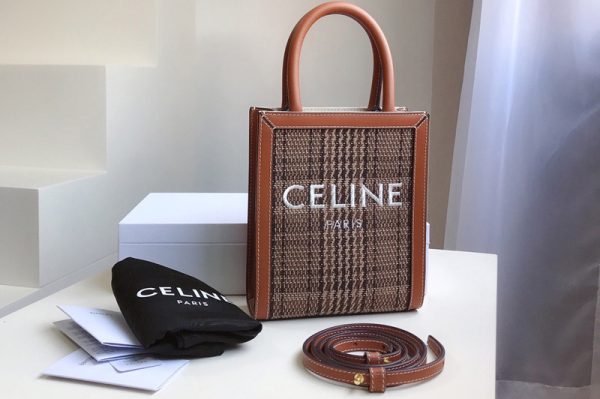 Replica Celine 194372 Mini vertical cabas Bag in Brown/Tan Triomphe Textile and Calfskin