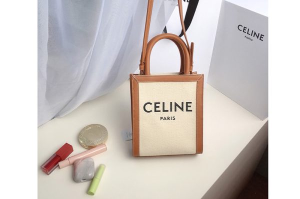 Replica Celine 193302 Mini vertical cabas celine Bag in canvas with celine print and Tan calfskin