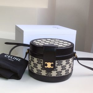 Replica Celine 195642 small tambour bag in Black textile with triomphe embroidery