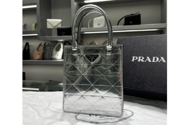 Replica Prada 1BA334 Small metallic leather tote bag in Silver Leahter