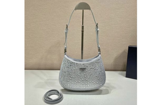 Replica Prada 1BC156 Prada Cleo brushed leather shoulder bag artificial crystals in White Leather