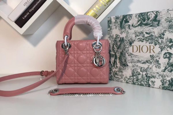 Replica Mini Lady Dior bags With Silver Chain in Pink Pearly Cannage lambskin Leather