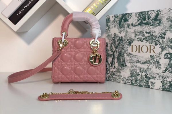 Replica Mini Lady Dior bags With Gold Chain in Pink Pearly Cannage lambskin Leather