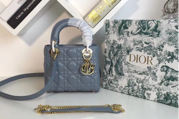 Replica Mini Lady Dior bags With Chain in Blue Pearly Cannage lambskin Leather