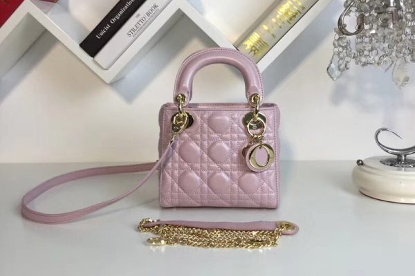 Replica Mini Lady Dior bags With Chain in Light Pink Pearly Cannage lambskin Leather