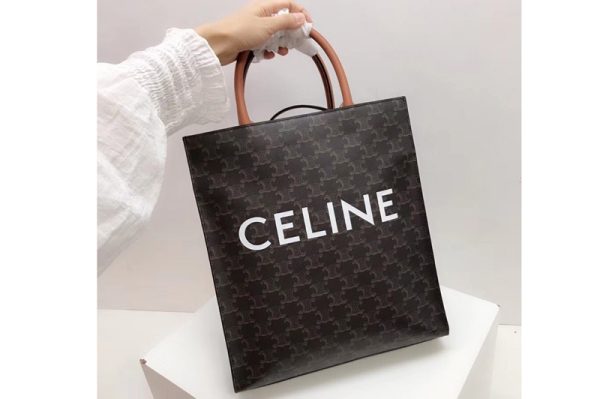 Replica Celine 191542 SMALL CABAS VERTICAL bag IN TRIOMPHE CANVAS With Tan Leather