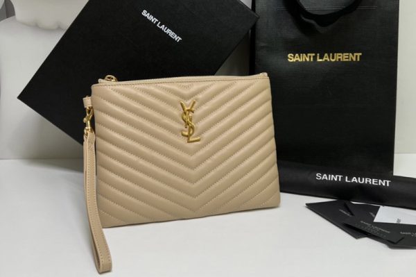 Replica Saint Laurent 379039 YSL Monogram A5 Pouch Bags In Beige Matelasse Leather