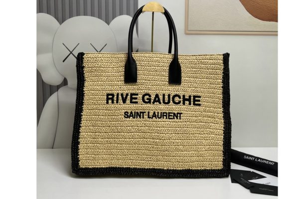 Replica Saint Laurent 509415 YSL RIVE GAUCHE LARGE TOTE BAG IN raffia and Black leather