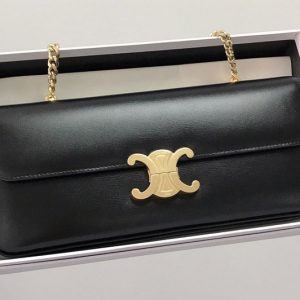 Replica Celine 197413 CHAIN BAG TRIOMPHE IN BLACK SHINY CALFSKIN