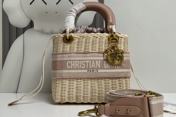 Replica Christian Dior M0565 Medium Lady Dior handbag in Natural Wicker and Pink Dior Oblique Jacquard