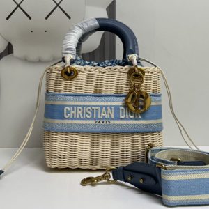 Replica Christian Dior M0565 Medium Lady Dior handbag in Natural Wicker and Blue Dior Oblique Jacquard