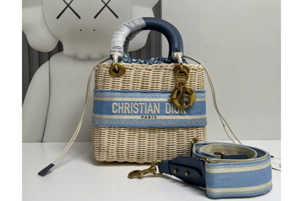 Replica Christian Dior M0565 Medium Lady Dior handbag in Natural Wicker and Blue Dior Oblique Jacquard