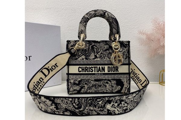 Replica Christian Dior M0565 Dior Medium Lady d-lite bag in Black Dior Tiger Embroidery