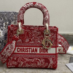 Replica Christian Dior M0565 Dior Medium Lady d-lite bag in Red Toile de Jouy Embroidery