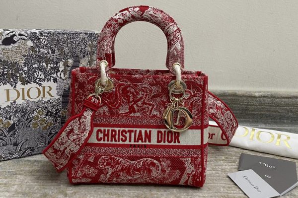 Replica Christian Dior M0565 Dior Medium Lady d-lite bag in Red Toile de Jouy Embroidery