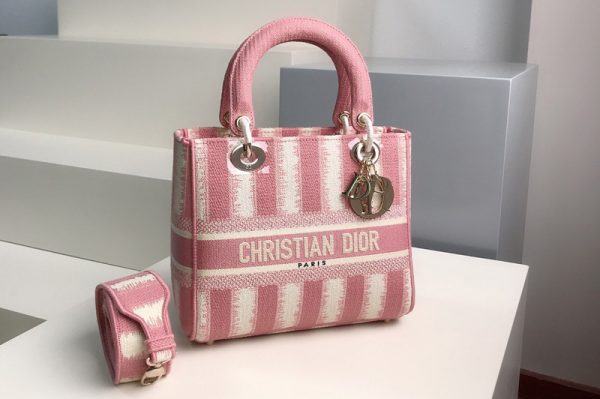 Replica Christian Dior M0565 Dior Medium Lady d-lite bag in Pink D-Stripes Embroidery