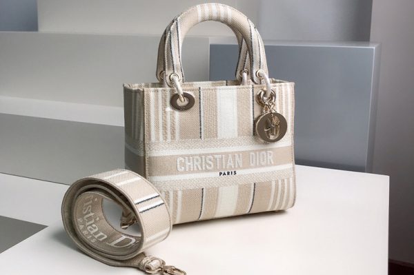 Replica Christian Dior M0565 Dior Medium Lady d-lite bag in Beige Stripes Embroidery